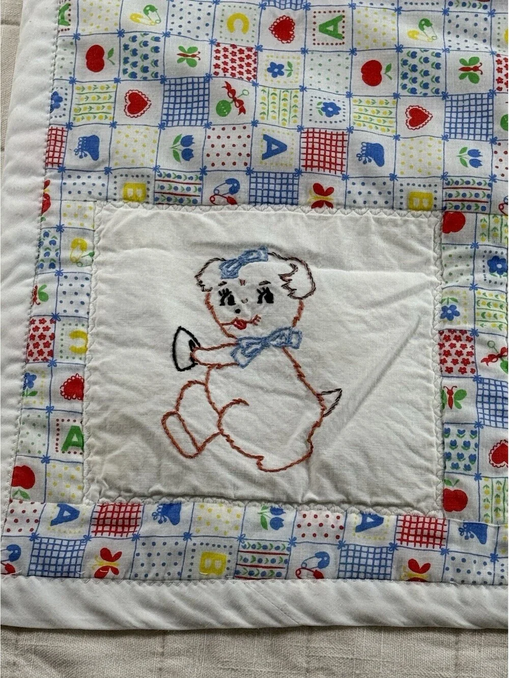 Vintage Handmade Baby Quilt Embroidered Kittens Cats Nursery 27x34 Patchwork